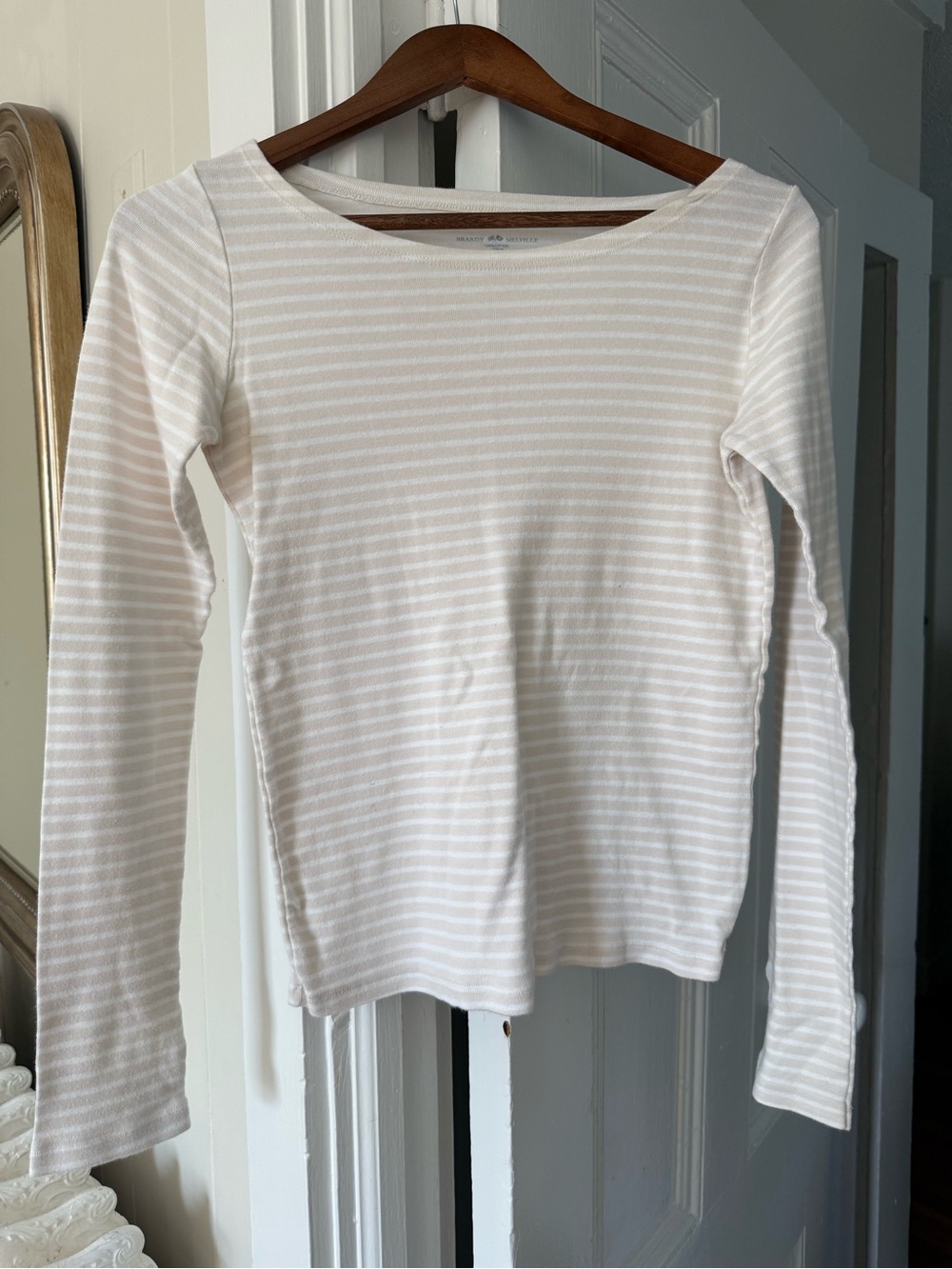 Brandy Melville Cream & light pink Striped Boatneck Top